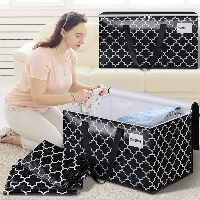 HomeHacks Heavy Duty Moving Bags with Tag Pockets, Collapsible Storage Totes for Moving, Camping & Travel -Foldable Packing Boxes, Zipper Handles, Black（10 Packs, 125L）