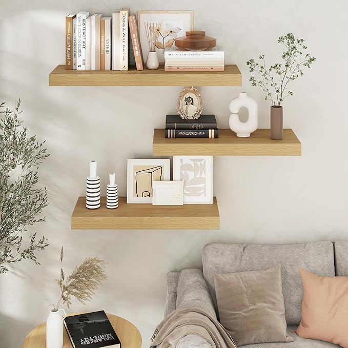 Venusmiles Floating Shelves for Wall, 30" W x 12" D x 2" H, 2 Pack of Long Wall Mounted Engineered Wood Shelves with Invisible Brackets for Living Room, Bedroom, Bathroom, Kitchen Decor, Oak