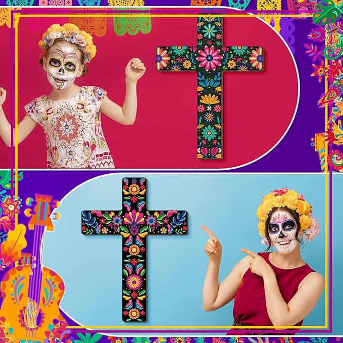 Pinkunn 2 Pcs Mexican Floral Cross Wall Decor Mexican Wall Art Hand Painted Decorative Inspirational Wooden Floral Cross Spanish Crucifix Decor for Home Room Church Decoration