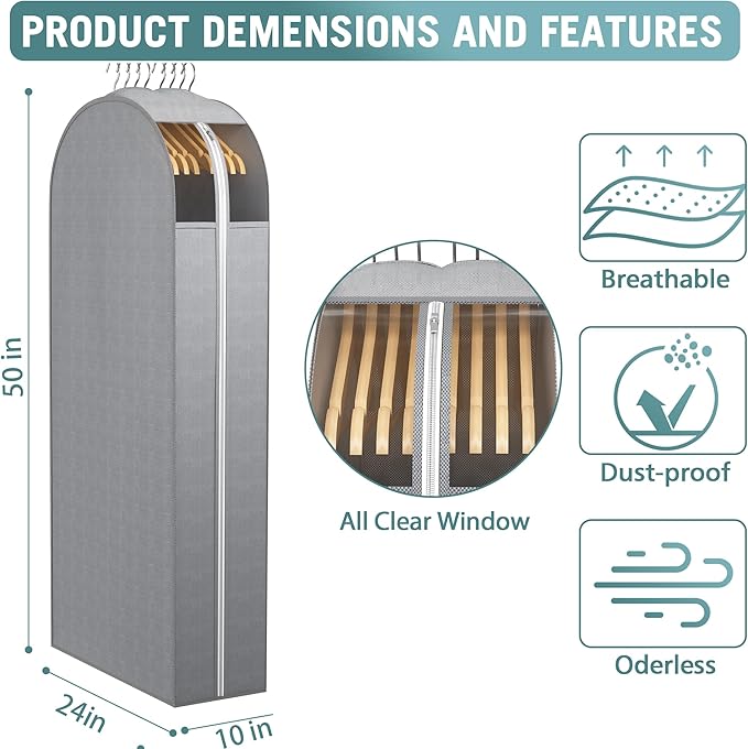 10" Gusseted Garment Bags for Hanging Clothes with Clear Window 50" Suit Bags for Open Closet Storage, Clothing Cover for Coat, Dress, Jacket, Shirt, Fur Wardrobe Protector, 4 Packs