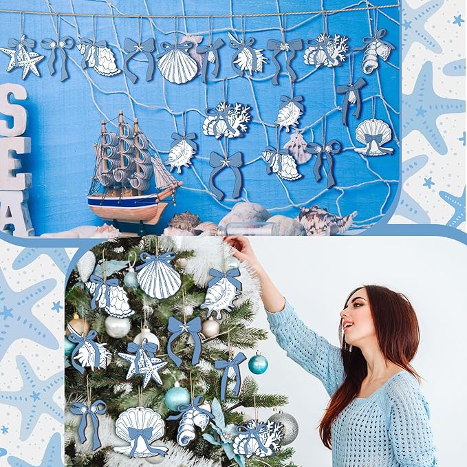 Suzile 36 Pcs Coastal Beach Wooden Ornaments Coquette Blue Bow Seashell Starfish Tree Decorations Ocean Nautical Wooden Cutouts with String Blue and White Summer Hanging Home Decorations for Party