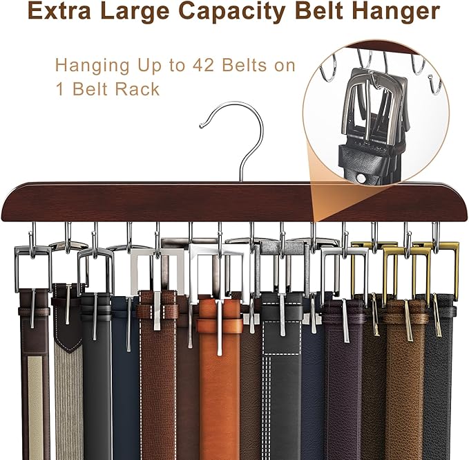 Belt Hanger for Closet, Sturdy Wood Belt Rack Closet Accessories with 14 Hooks Belt Organizer for Closet Organizers and Storage Max 42 Belts-Mahogany 2 Pack