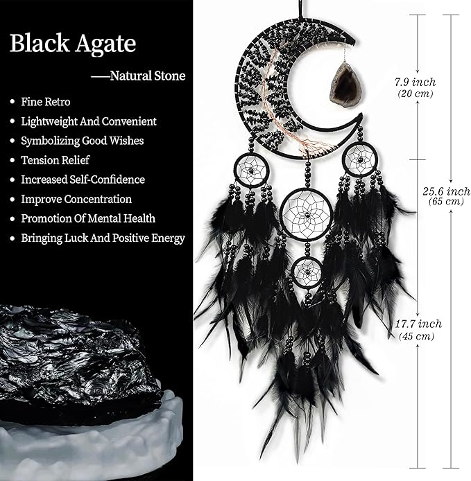 Large Dream Catcher,Moon Dream Catchers with Chakra Gemstone Agate Stone,Black Crystal Tree of Life Dream Catcher,Dream Catchers for Adults,Boho Bedroom Decor (Black Natural Gem Agate)