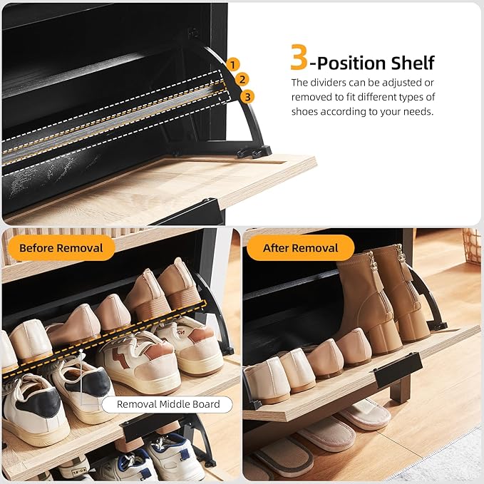 2 Flip Drawers Shoe Cabinet Storage for Entryway, Narrow Shoes Organizer Cabinet for Front Door Entrance, Free Standing Hidden Wooden Hallway Shoe Rack(Oak&Black)