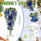Lyrow 4 Pcs Cordless Prelit Christmas Artificial Swags 24" Xmas Stairway Swag Teardrop Trim with Timer Christmas Staircase Decoration Battery Operated Garland for Indoor Outdoor Railing Decor, Blue
