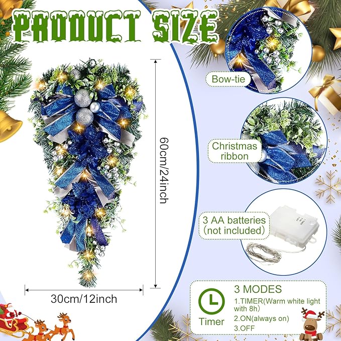 Lyrow 4 Pcs Cordless Prelit Christmas Artificial Swags 24" Xmas Stairway Swag Teardrop Trim with Timer Christmas Staircase Decoration Battery Operated Garland for Indoor Outdoor Railing Decor, Blue