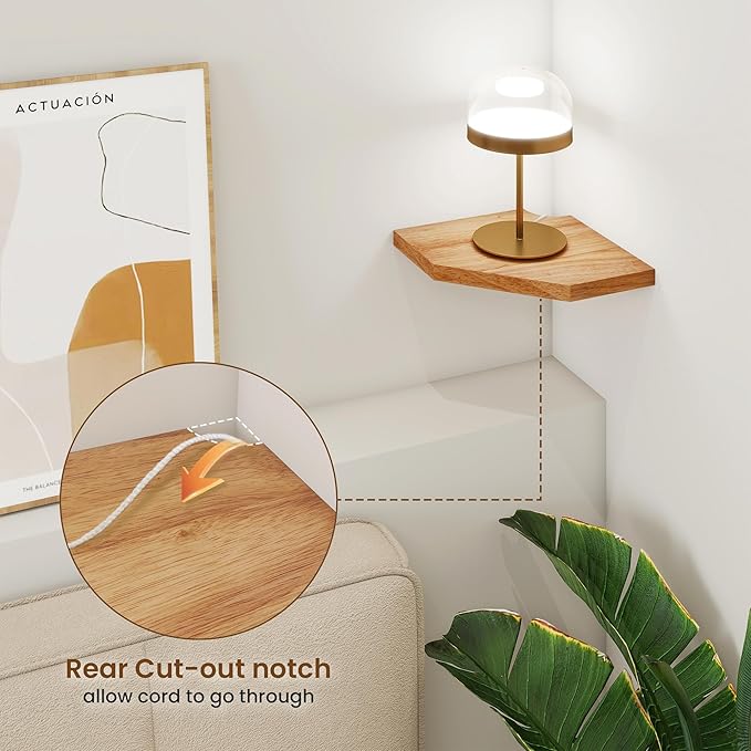 Fun Memories Corner Shelf Wall Mount, Solid Oak Wood Floating Corner Shelves with Cable Hole, 7in Rustic Design for Bedroom, Bathroom, Kitchen, Living Room (Natural, 1 Pack)