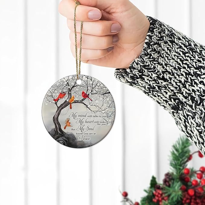 HYTURTLE My Mind Still Talks To You Cardinal Circle Ceramic Ornament - Memorial Christmas Ornament Gifts For Loss Of Loved One In Heaven - Memorial Hanging Home Decorations Ornaments - 3' Inch