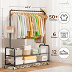 MISSLO Heavy Duty Clothes Rack with Shelves 46.5" Large Rolling Clothing Racks for Hanging Clothes, Garment, Coat, Black