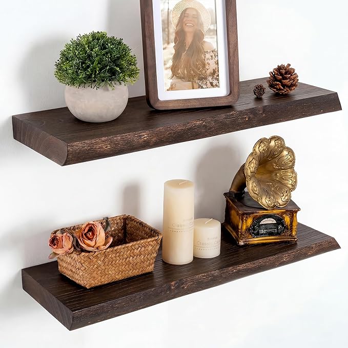 Marsmiles 20 inch Floating Shelves for Wall Elm Wood Live Edge Shelves|Rustic Wall Shelves with Invisible Heavy-Duty Bracket for Bathroom Living Room Kitchen|Walnut, 2 Pack