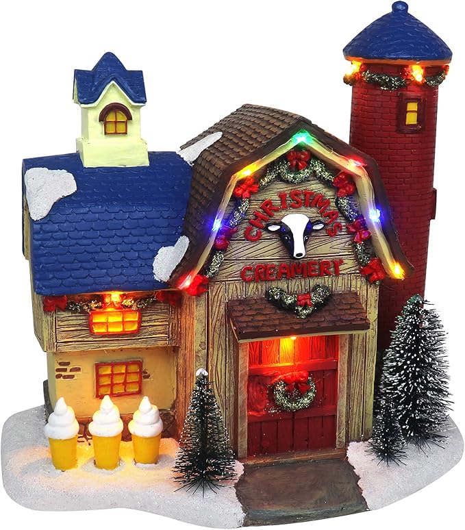 Christmas Village Creamery - Lighted Musical Snow Village Collectible Building Houses - Perfect Addition to Your Christmas Indoor Decorations & Holiday Displays - Made of Resin