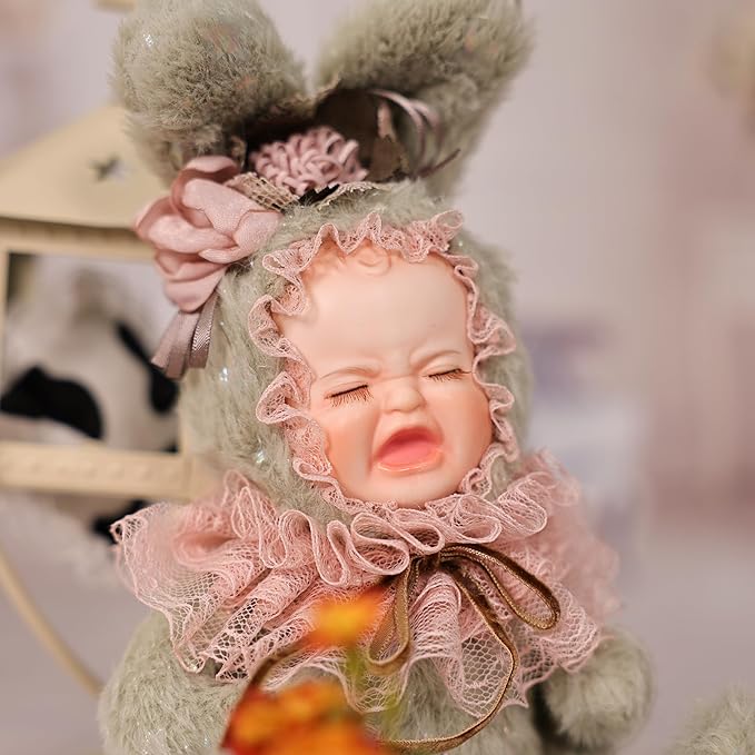 8 Inch Rabbit Hand-Painted Porcelain Face Doll with Plush ＆ Acrylic Cotton Body, Mini Kawaii High-Color Makeup Ceramic Doll for Room Decor, Birthday Gifts, Collectible，Name Jade