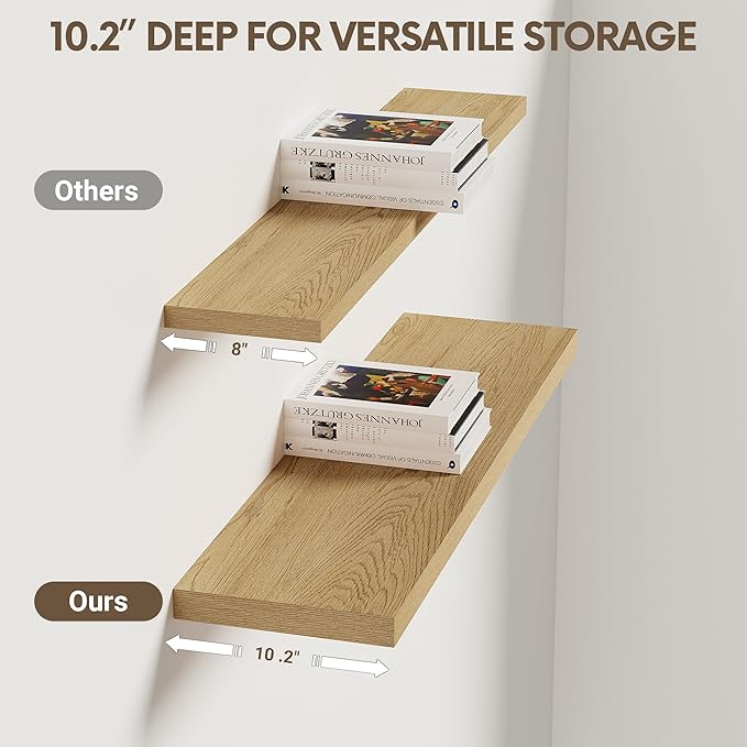 Vivelove 10" Deep Floating Shelves with Invisible Brackets, 30" Wall Shelves for Bathroom Bedroom Kitchen Living Room Laundry Room, Modern Rustic Shelves for Home Decor, 30"x10.2"x1.5", Set of 2, Oak