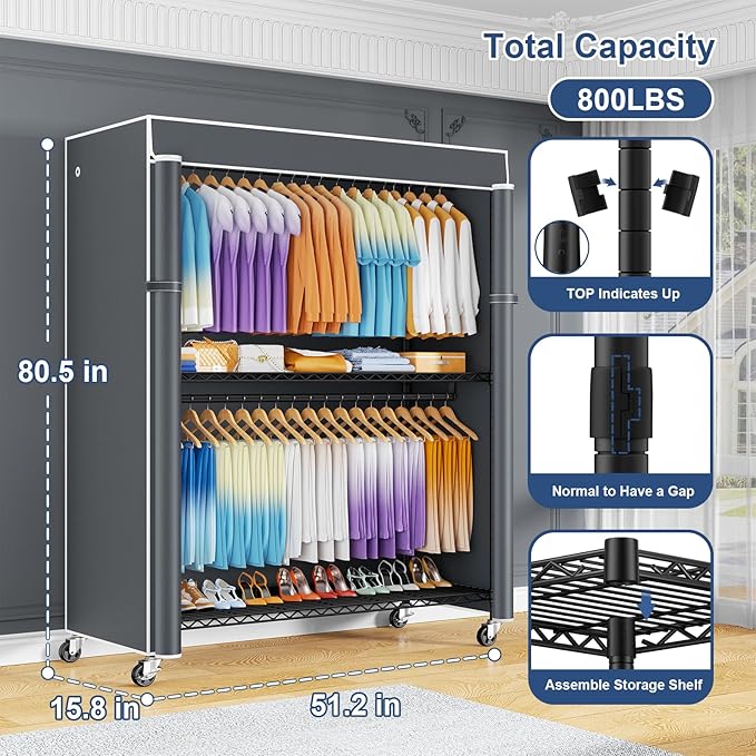 P8C Max Heavy Duty Clothes Rack（With Extended Width Design） Rolling Clothing Racks for Hanging Clothes with Lockable Wheels，51.2" W x 15.8" D x 80.5" H，Load 700LBS，Black Rack with Grey Cover