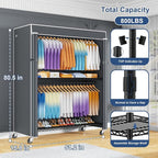 P8C Max Heavy Duty Clothes Rack（With Extended Width Design） Rolling Clothing Racks for Hanging Clothes with Lockable Wheels，51.2" W x 15.8" D x 80.5" H，Load 700LBS，Black Rack with Grey Cover