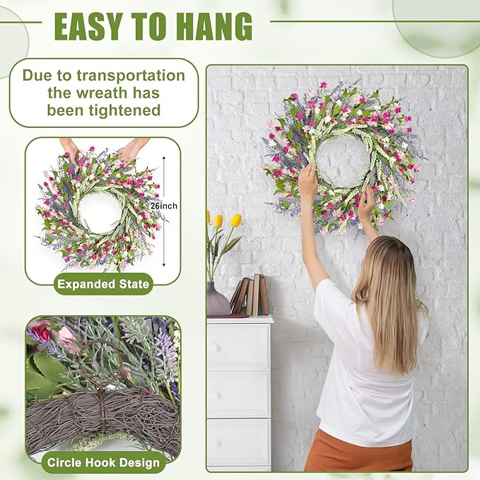 Artgar 26 Inch Spring Wreaths for Front Door, Spring Summer Lavender Paper Flower Wreaths for Home Farmhouse Windows Walls Porch Wedding Indoor Outdoor Decor for All Seasons (Pink)
