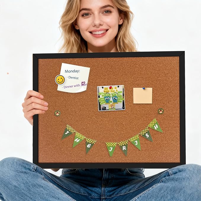 13.3" x 17.7" Cork Board Bulletin Board, Black Framed Corkboard, Oak Frame, Decorative Hanging Pin Board, Perfect for Office & Home Decor, Home School Message Board or Vision Board