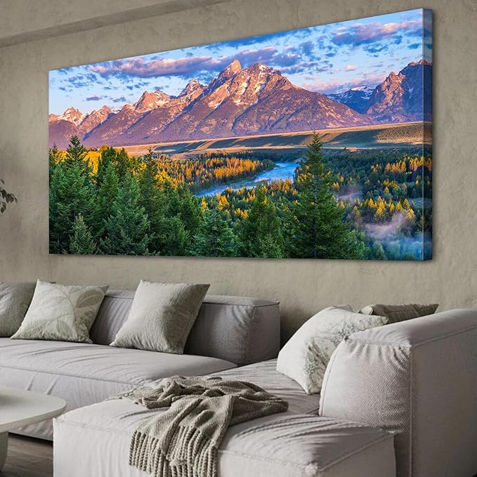 AIYISU Grand Teton Mountain Wall Art Sunset Nature National Park Posters Oxbow Bend Snake River Landscape Wall Decor Wyoming Scenery Painting Artwork for Living Room Office Home Decoration 35x70