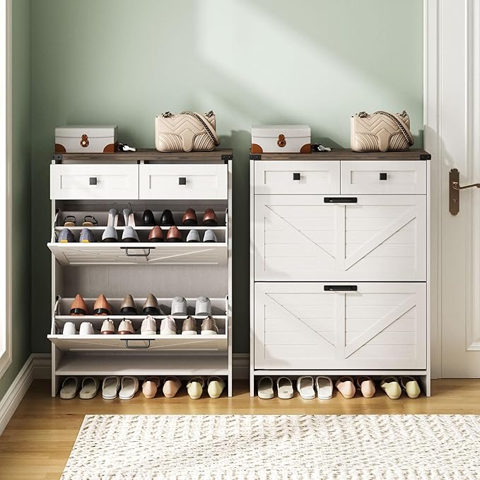 Shoe Cabinet with 2 Flip Drawers & 2 Drawers,Farmhouse Shoe Storage Cabinet for Entryway,Slim Freestanding Narrow Organizer Rack for Front Door Entrance,White
