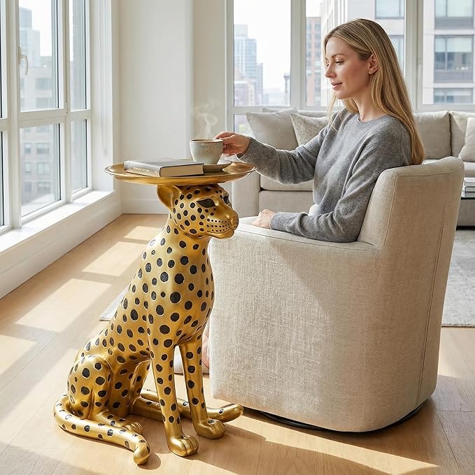 Cheetah Statue, Large Leopard Sculpture, Sitting Cheetah Ornament, Sofa-Side Sculpture, Home Decor, Floor Decoration