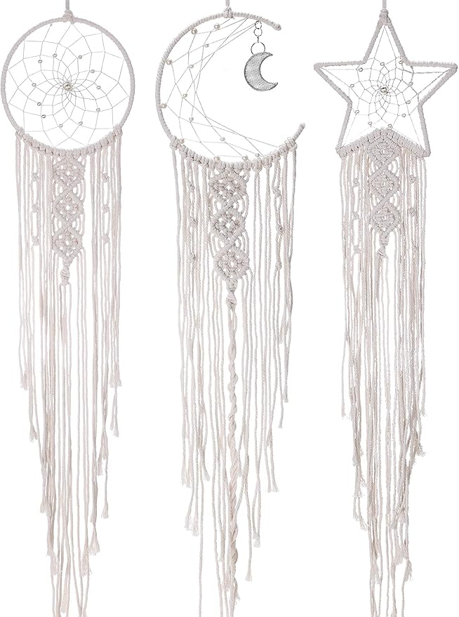 Jetec 3 Pcs Boho Macrame Dream Catcher Woven Wall Hanging Crescent Moon Star Sun Dreamcatcher with Long Tassel Large White Handmade Bohemian Home Decor Art Craft for Bedroom Room Decoration Gift