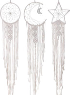 Jetec 3 Pcs Boho Macrame Dream Catcher Woven Wall Hanging Crescent Moon Star Sun Dreamcatcher with Long Tassel Large White Handmade Bohemian Home Decor Art Craft for Bedroom Room Decoration Gift
