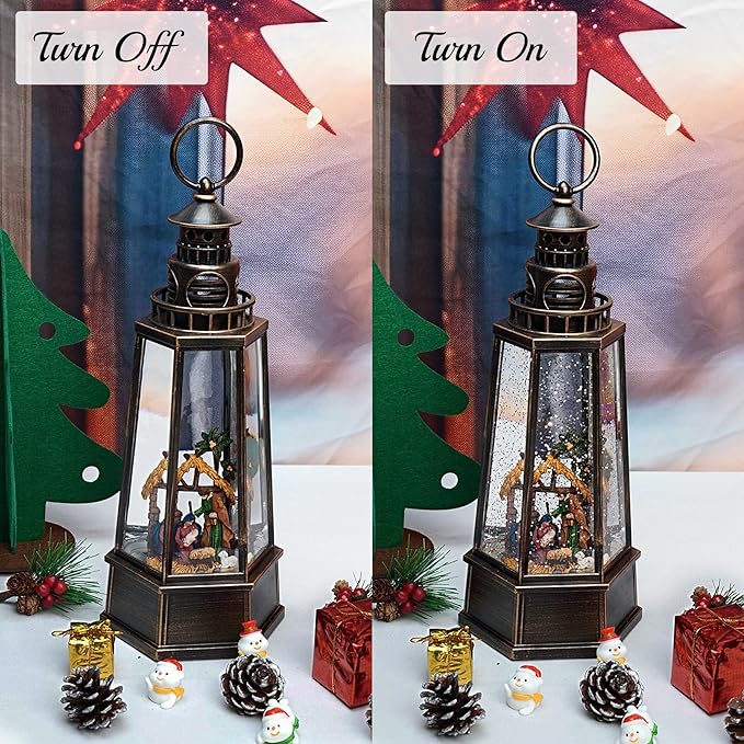 13.5'' Christmas Nativity Snow Globe, Retro Lighthouse Style Musical Lighted Water Lantern, Decoration with Swirling Glitter, USB Powered and Battery Operated, Xmas Home Décor Gift