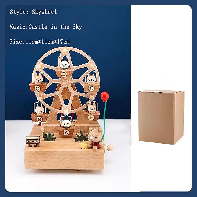 Natural Solid Wood Handcrafted Beech Wooden, Musical FigureTotoro/Carousel/Fairy/Ballerina Figurine,Rotating Hand Crank Mechanism Music Box,Musical Decorations (Skywheel)
