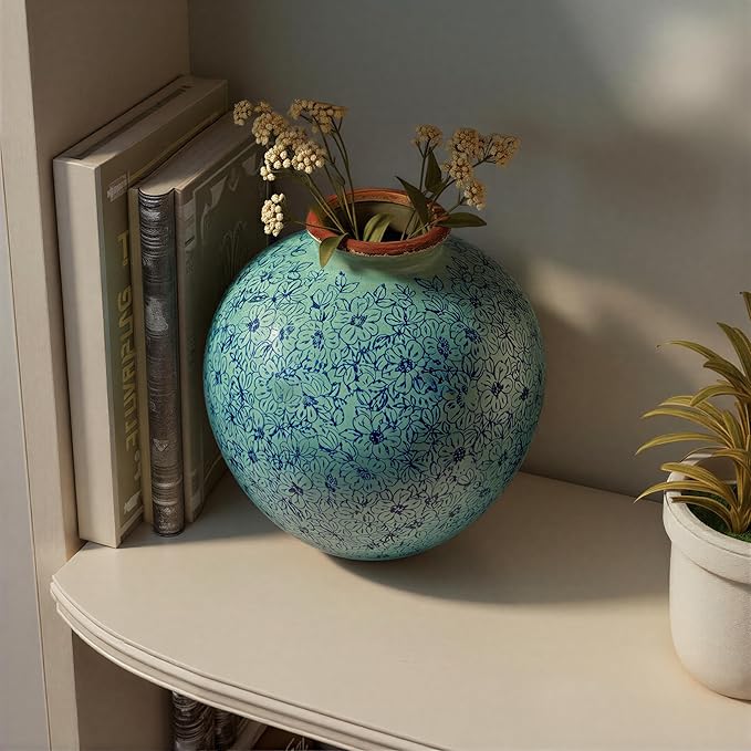 Creative Co-Op Round Decorative Terra-Cotta Vase with Transferware Pattern, Blue