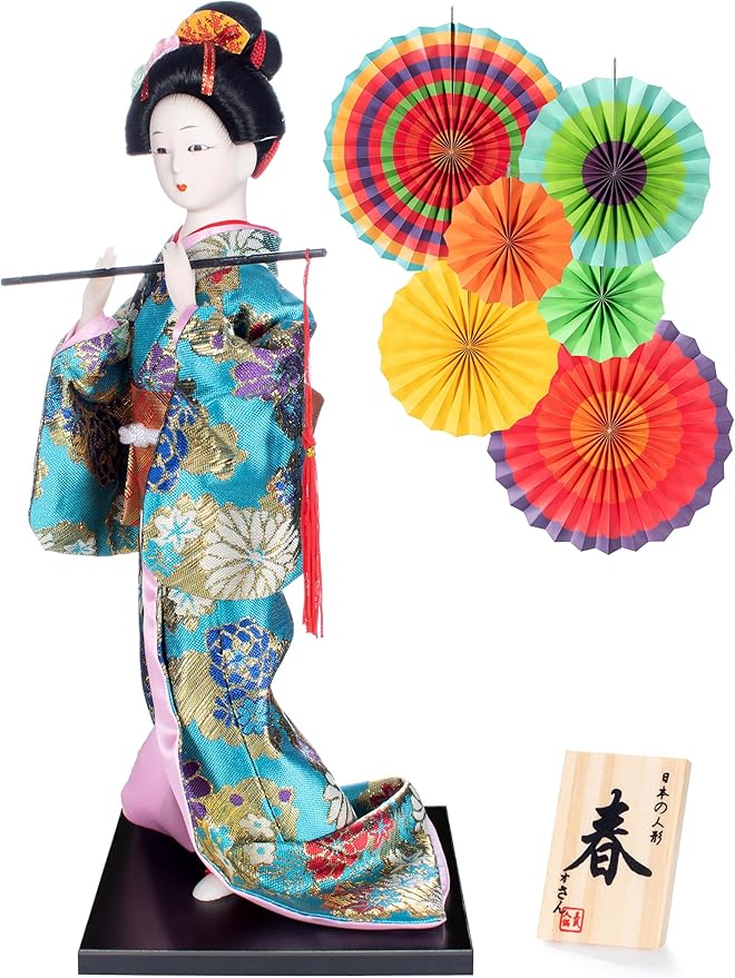 ALAMIYA Home Decoration Asian Japanese Geisha Kimono Doll Collectible Figurine Gift with Paper Fan