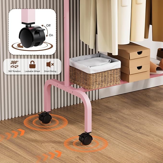 Rolling Clothing Racks for Hanging Clothes, Garment Rack for Clothes to Hang, Metal Portable Wardrobe Rack for Coats, Jackets, Shirts, Dress,Pink