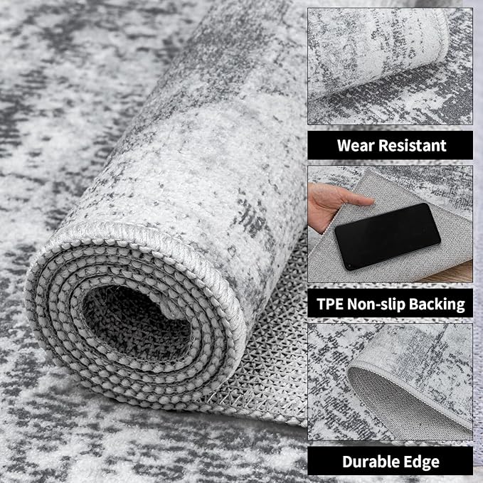 Ciicool 2x6 Washable Runner Rug, Modern Abstract Hallway Rugs Runner, Non-Slip Thin Accent Rug Lightweight Grey White Print Distressed Carpet for Laundry Entryway Bedroom Kitchen Bathroom Indoor