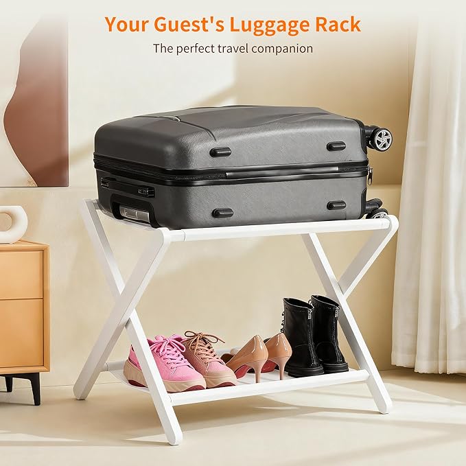 Heybly Luggage Rack, Folding Suitcase Stand with Storage Shelf, Heavy-Duty Luggage Holder for Guest Room Bedroom Hotel, Holds up to 165 lb, White, HLR010W1