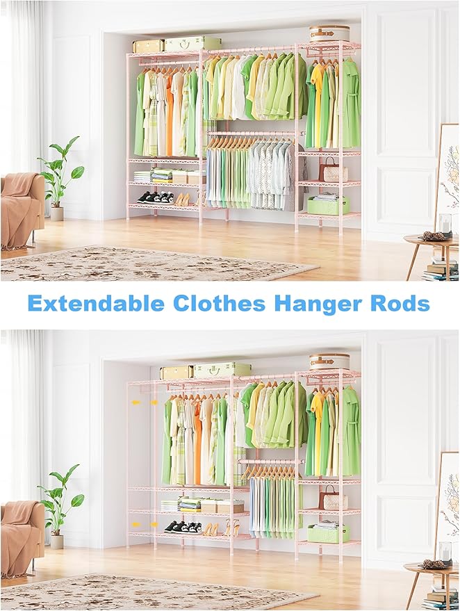 Ulif E11 Heavy-Duty Garment Rack, Metal Freestanding Clothes Rack and Closet Storage Organizer System with 8 Shelves and 4 Hanger Rods, (73.2-97.6)" W x 14.5" D x 71.2" H, Load 1034 LBS, Pink