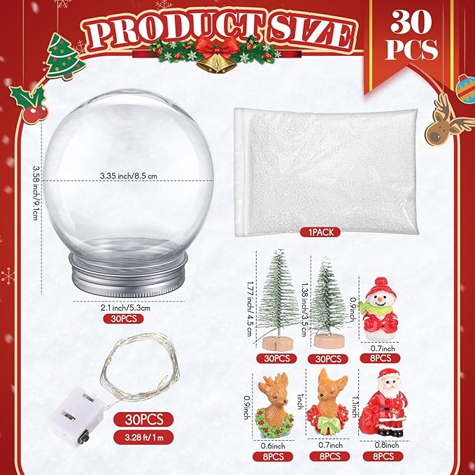 Liliful 30 Pack Christmas DIY Snow Globe Kit Including 3.58 Inch LED Plastic Snow Globe with Screw Off Cap Artificial Mini Tree Snowman Santa Deer Pine Cones and Lights for Party Decorations