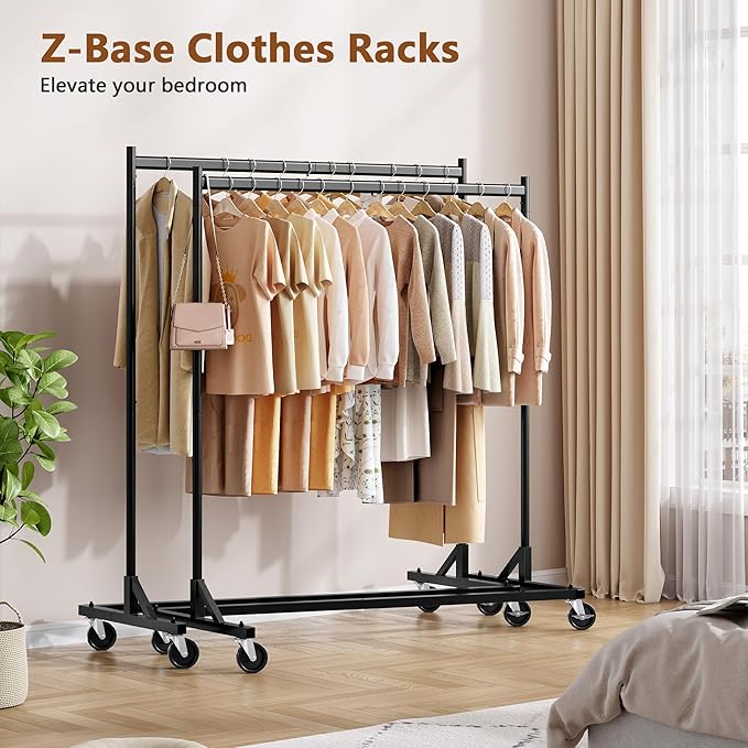 Hoctieon Z Rack Set of 2, Rolling Clothing Racks with Z-Base, Heavy Duty Garment Racks Set of 2, Clothes Rack on Wheels with Brakes, Clothes Organizer Rack Set of 2, Black