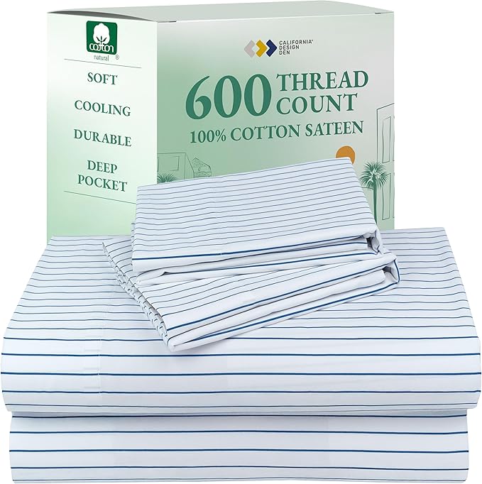 California Design Den Printed Striped Cal King Sheet Set - 600 Thread Count, 100% Cotton Sateen, Premium Deep Pocket California King Sheets - Classic Blue Stripe Print