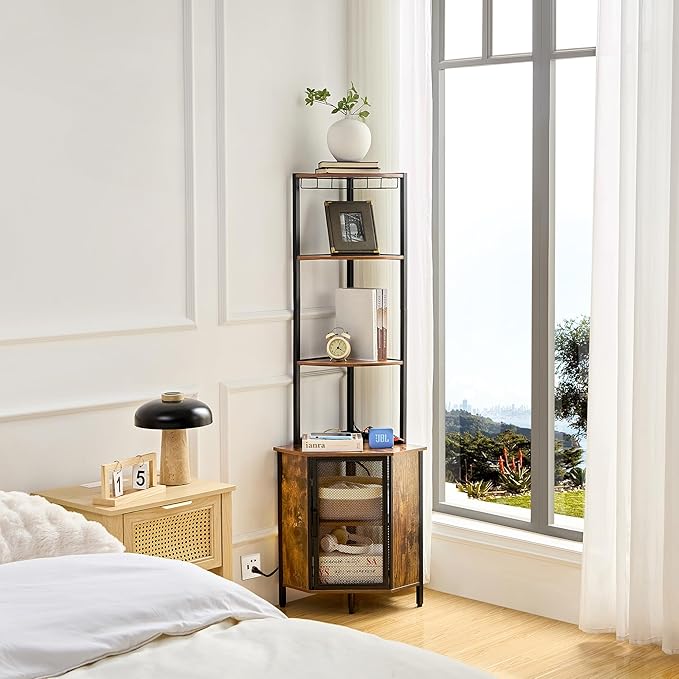 VECELO 6 Tier Corner Shelf with LED Light and Charging Station, 63” Tall Standing Cabinet Organizer, Narrow Bookshelf with Storage Rack for Living Room, Bedroom, Kitchen, Balcony, Small Space