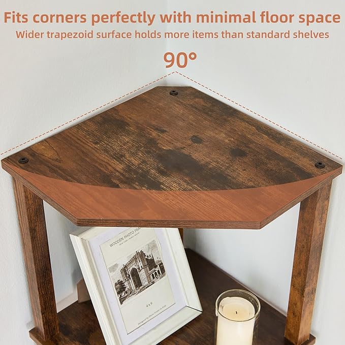 YUFAM 4-Tier Corner Shelf with Sturdy 5-Leg Base, Wooden Corner Bookshelf for Small Spaces, Corner Standing Shelf for Living Room, Bedroom, Office, Brown