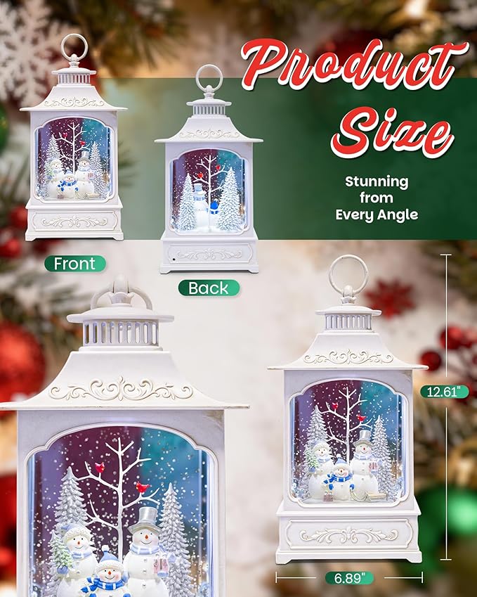 Large Christmas Snowman Snow Globe Light up Lantern with 8 Songs, 9.84" White Christmas Snow Globes for Kids Adults, 6H Timer & Dual Power, Snowglobes Christmas Decorations Indoor Silver Blue Snowman