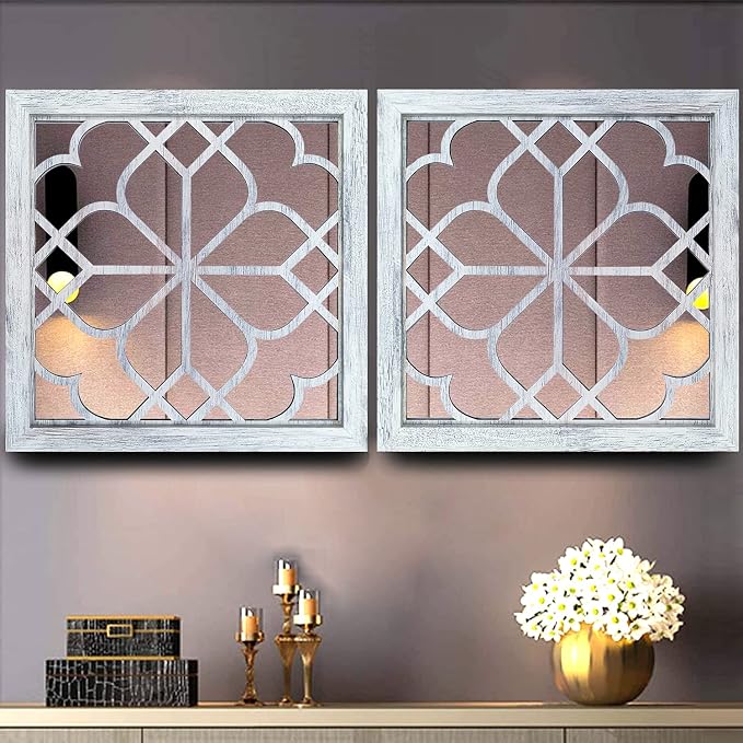 Wocred 2 PCS Square Wall Mirror,Gorgeous Rustic Farmhouse Accent Mirror,Rustic White Color Entry Mirror for Bathroom Renovation,Bedrooms,Living Rooms and More （20”）