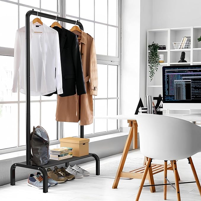 Simple Houseware 30 Inch Narrow Freestanding Garment Rack with Storage Shelf – Slim & Space-Saving Closet Organizer, Black