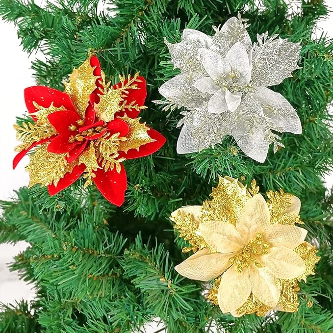 Gardeningwill Pack of 12 Gold 5 Inch Glitter Flower Shape Christmas Hanging Ornaments Party Decorating Supplies