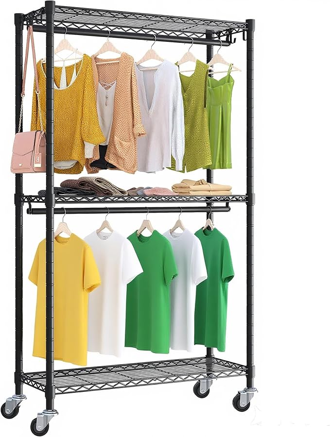 Rolling Clothing Rack for Hanging Clothes Heavy Duty Garment Rack with Wheels Metal Adjustable Shelves & Double Hanging Rods H2 Portable Closet for Bedroom, Black Coat Rack