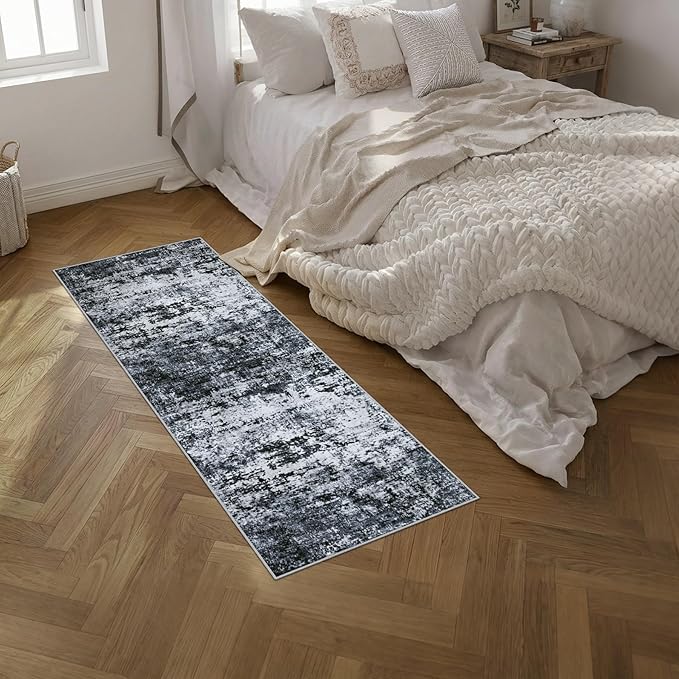 2'x6' Runner Rug Washable Rug: Modern Abstract Soft Thin Runner Rug Black