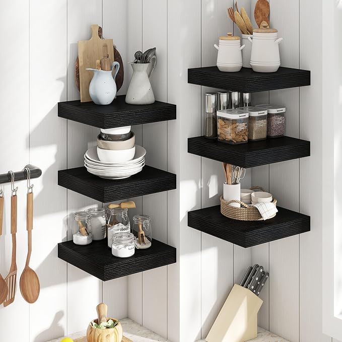 12 Inch Square Floating Shelves for Wall 2 Pack, 12"D Wood Grain Bathroom Shelves with Invisible Brackets, Easy Install Engineered Wood Storage Shelves for Kitchen, Living Room, Bedroom, Black Finish