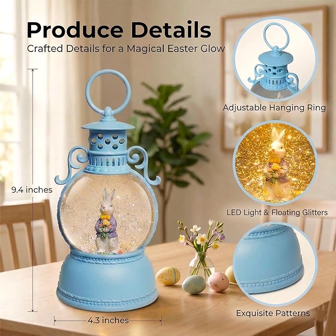 Easter Snow Globe Lantern, 9.4" Bunny Couple Lighted Snow Lantern with 6-Hour Timer, Battery or USB Powered, Spring Easter Decorations for Home, Easter Bunny Gift & Blue Easter Decor