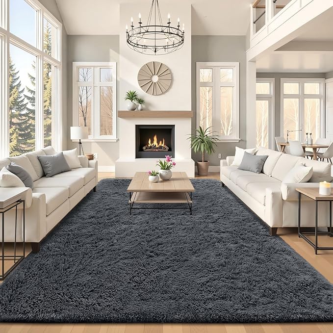 OLANLY 8x8 Machine Washable Large Area Rugs for Living Room, Bedroom, Soft Fluffy Shaggy Bedside Rug, Indoor Floor Carpet for Kids Girls and Boys, Dorms, Nursery, Home Decor Aesthetic, Grey