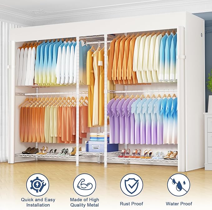 Ulif E12C Max Heavy Duty Closet Organizer System，Freestanding Clothing Rack, Adjustable Garment Rack 83" W x 16" D x 76.5" H Holds 1060 lbs, White Clothing Rack with White Dustproof Cover