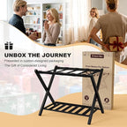 26.77"L Luggage Rack, Black Luggage Rack for Guest Room, Bamboo Folding Suitcase Stand with Storage Shelf, 5 Nylon Straps, Heavy Duty Luggage Holder for Bedroom Hotel, 1 Pack, Gift Box Packaging